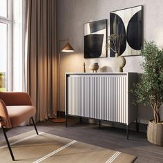 a living room with a radiator, chair and painting on the wall above it