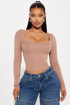 Available In Black, Wine, Heather Grey, Chocolate, Olive, And White. Scoop neck Long Sleeve Ribbed Stretch 55% Cotton 35% Rayon 10% Spandex Imported | Sydney Scoop Neck Top in Chocolate Brown size Large by Fashion Nova