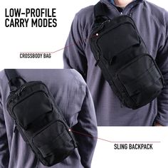 a man wearing a sling backpack with instructions on how to carry it and what to use it