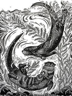 two sea otters swimming in the ocean with waves and bubbles around them, vintage line drawing or engraving