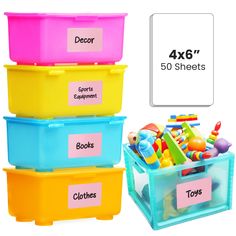 three plastic storage containers with labels on them and toys in the bottom one for each container