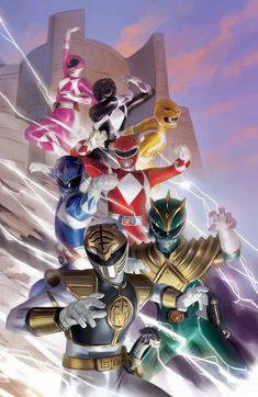 the power rangers are standing together in front of a blue sky with lightning behind them