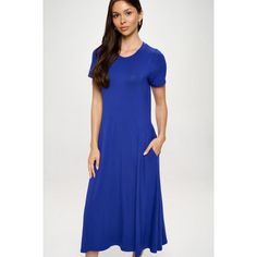 Our Jenesis T-Shirt Dress is perfect for both casual and dressier occasions with its relaxed yet flattering silhouette. Whether you're heading out for a casual brunch date or running errands, this short sleeve t-shirt midi dress with pockets is your go-to choice. Pair it with sneakers or sandals for a laid-back look or dress it up with heels and accessories for a more sophisticated ensemble. Made in USA. Material: 95% Rayon Modal 5% Spandex. Machine washable. Casual Short Sleeve Plain Midi Dress, Casual A-line Maxi Dress In Solid Color, Blue Casual T-shirt Dress For Spring, Casual Blue Plain Dress, Casual Blue T-shirt Dress For Spring, Casual Blue Maxi Dress With Relaxed Fit, Relaxed Fit Midi T-shirt Dress For Spring, Casual Blue Relaxed Fit Maxi Dress, Casual Crew Neck Midi Dress