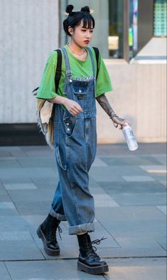 Baggy Pants Aesthetic Outfit, Pop Grunge Aesthetic Outfits, Street Artist Outfit, Edgy Quirky Style, Edgy Surfer Style, Artsy Overalls Outfit, The Front Bottoms Concert Outfit, Cute Summer Overall Outfits, Alt Overalls