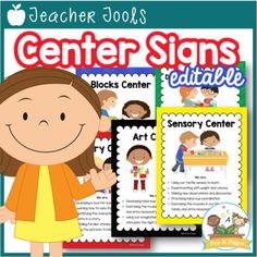 a girl standing in front of a sign that says center signs editablee