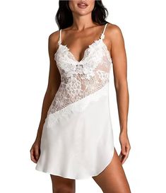 In Bloom by Jonquil Satin Scallop Lace Trim V-Neck Sleeveless Tie Back Chemise | Dillard's Lace V-neck Camisole, Lace Camisole For Sleep, Night Lace Chemise, Lace Bodice Camisole, Lace Chemise For Night, Coquette Sleeveless Satin Camisole, Satin Sleeveless Coquette Camisole, Sleeveless Delicate Lace Sleep Camisole, Sleeveless Lace Camisole For Wedding Night