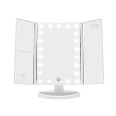 the hello kitty light up vanity mirror is on top of a white stand with its lights turned on