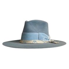 - Felt in western weight in Powder Blue- 4.5” crown- 3.5” brim- Pinched crown - 2" velvet band and bow in Powder Blue - Silk wrap in Ivory + Powder Blue- Natural tan leather sweatband- 100% silk interior lining- Sanded to perfection- No mass production, less waste, more love - This product is final sale + not eligible for returns or exchanges. Stylist Closet, Hat With Feather, Hat Styles, Brim Hats, Twenty Four, Color Powder, Coastal Cowgirl, Blue Hat, Natural Tan