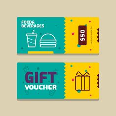 two gift voucher cards with food and beverages