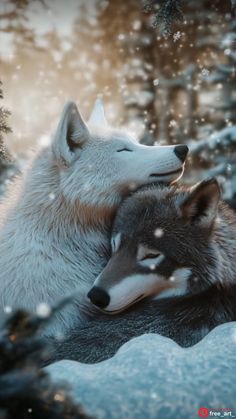 two wolfs cuddle together in the snow