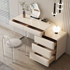 a white desk with two drawers and a mirror on it in front of a window