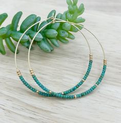 Turquoise hoop earrings, beaded hoop earrings, dainty bead hoop earrings, dangle gold earrings, big hoop earrings, hoop earrings, gold hoop These hoop earrings are so chic to show off your style by wearing them with your hair tucked or low in bun. They are perfect for daily wear in the office or a night on the town.  Earrings are enlarge to show details and colors might vary depend on each computer monitor or cell phone screen.  Each piece will be a unique one of a kind treasure. Adjustable Green Hoop Jewelry, Bohemian 14k Gold-filled Jewelry With Colorful Beads, 14k Gold Filled Beaded Round Earrings, Green Bohemian Hoop Jewelry, Bohemian Green Hoop Jewelry, Everyday Colorful Beaded 14k Gold Filled Jewelry, Everyday Jewelry With Colorful 14k Gold Filled Beads, 14k Gold Filled Dangle Jewelry With Tiny Beads, 14k Gold-filled Dangle Jewelry With Tiny Beads