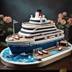 a cake made to look like a cruise ship in the water with flowers around it