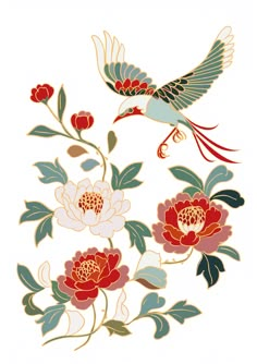 two birds flying over flowers and leaves on a white background