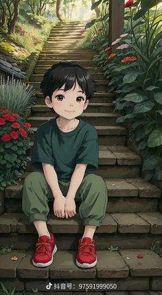 a young boy sitting on steps in front of flowers and plants with his feet crossed