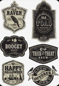 six different types of halloween labels on a white background, each with an old - fashioned design