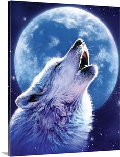 a wolf howling at the moon with its mouth open