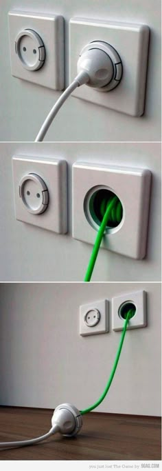 an electrical outlet plugged into a wall with green wires attached to the outlet and two white outlets connected to each other