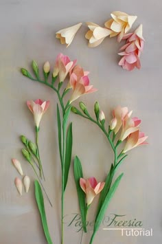 flowers are arranged on the wall with green stems