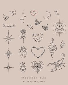 various tattoo designs and symbols on a beige background with stars, hearts, moon, fireflies