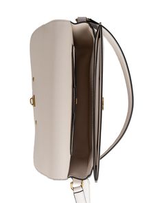 Composition: 100% Calfskin Cream Calf Leather Shoulder Bag With Gold-tone Hardware, Designer Beige Leather Flap Bag, Formal Beige Calf Leather Satchel, Beige Calf Leather Crossbody Satchel, Beige Calf Leather Bag With Adjustable Strap, Business Beige Calf Leather Satchel, Timeless Beige Shoulder Bag With Leather Lining, Designer Cream Shoulder Bag For Business, Classic Calf Leather Bag With Gold-tone Hardware