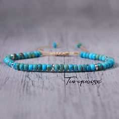 - Material:  turquoise  - Length: fit for 6.5 ~ 7.5inches wrists - Beads size:3-4mm **The appearance of natural stones can vary due to their unique characteristics and natural variations in color, size, and pattern.  **Packaging: Each item is packaged in our branded packaging, so your order is ready to be gifted. ** Shipping: All items are ready to be shipped within 1-2 business days . ** Get in touch if you have any questions I will get back to you asap! Turquoise Gemstone Beads Bracelets For Beach, Minimalist Turquoise Bracelets For Beach, Adjustable Turquoise Beaded Bracelets With Natural Stones, Blue Bohemian Bracelet With Sliding Knot, Adjustable Turquoise Hand-strung Beaded Bracelets, Adjustable Hand-strung Turquoise Beaded Bracelets, Adjustable Turquoise Beaded Bracelets With Gemstone Beads, Hand-strung Turquoise Minimalist Bracelets, Minimalist Turquoise Hand-strung Bracelets