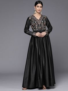 Black floral embroidered gown dressV-neckLong, regular sleevesThread work detailMaxi length in flared hem Black Long Dress With Intricate Embroidery, Elegant Black Embroidered Floor-length Dress, Black Embroidered Floor-length Maxi Dress, Floral Embroidered Gown, Denim Display, Black V-neck Dress With Floral Embroidery, Black V-neck Embroidered Dress With Embroidered Hem, Embroidered Maxi Dress, Ethnic Dress