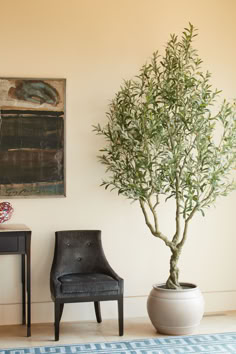 a small tree in a white pot next to a chair and painting on the wall