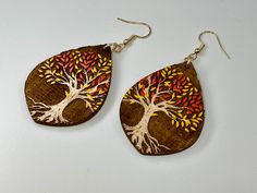 the earrings are made from wood and have colorful tree designs on each earwires