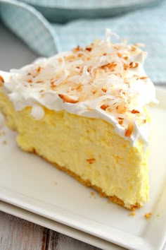 a slice of coconut cream pie on a plate