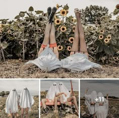 two people dressed in ghost costumes sitting on the ground with sunflowers behind them