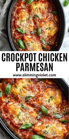 crockpot chicken parmesan in a black casserole dish with basil leaves on top