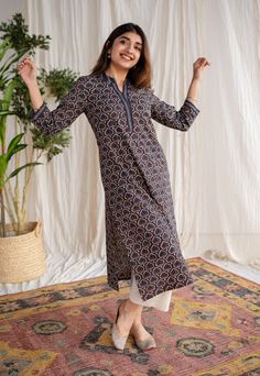 Coffee Ajrakh HandBlock Printed Cotton Kurta Model height is 5'3" and is wearing a size S. Churidar, Printed Cotton, Inside Out, Desi, Bra, Coffee