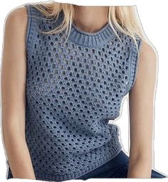 Blue Sleeveless Casual Sweater, Blue Sleeveless Sweater For Spring, Blue Cotton Pointelle Knit Tops, Blue Pointelle Knit Top For Fall, Casual Pointelle Knit Top, Blue Pointelle Knit Crew Neck Top, Casual Blue Knitted Top, Layering Blue Textured Knit Tops, Casual Light Blue Summer Sweater