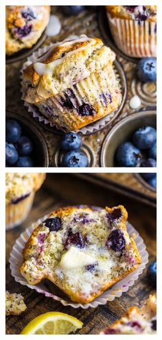 blueberry muffins with fresh blueberries in the background and lemon on the side