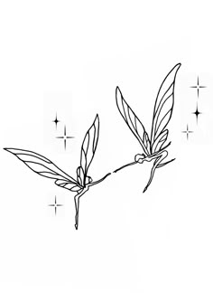 a black and white drawing of two leaves on a branch with stars in the background