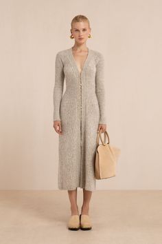 BESSIANA KNIT DRESS - FOG Fall Modest Dresses, Knit Dress And Boots, Casual Long Sleeve Maxi Dress, Cozy Winter Dresses, Long White Knit Dress, Casual Sweater Dress, Chic Wardrobe, Long Ribbed Dress Outfit, Rib Knit Dress