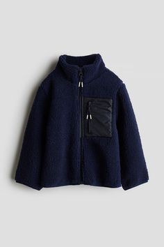 Teddy Jacket - Navy - Kids | H&M US Winter Fleece Jacket With Long Sleeves, Long Sleeve Sherpa Fleece Jacket With Zipper, Winter Sherpa Fleece Jacket With Zipper, Winter Fleece Outerwear With Zip Fly, Winter Sherpa Fleece Jacket With Zipper Closure, Sherpa Fleece Jacket With Pockets For Cold Weather, Sherpa Hooded Jacket For Cold Weather With Pockets, Sherpa Hooded Jacket With Pockets For Cold Weather, Cold Weather Sherpa Hooded Jacket With Pockets