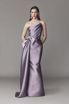 Strapless gown Bodice with assymetrical draping and side train Fit and flare skirt silhouette Hidden back zipper Satin lined Drape Gown, Canada Style, Fit And Flare Gown, Satin Gowns, Gown Suit, Flare Gown, Purple Dresses, Fit And Flare Skirt, Formal Cocktail Dress