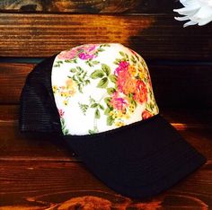 NEW white floral women's trucker hat. SnapBack one by ArieBdesigns Spring Adjustable Trucker Hat, Bucket Hat For Spring Gift, Custom Curved Brim Hat As Gift, Spring Bucket Hat As Gift, Spring Bucket Hat For Gift, Spring Bucket Hat Gift, Pink Hats With Curved Bill For Gift, Curved Brim Hats For Spring Gifts, Curved Brim Hats For Spring Gift