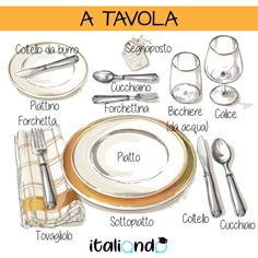 a table setting with silverware and place settings in spanish, english or italian words