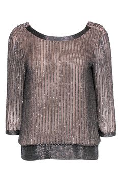 Current Boutique-Parker - Beige & Silver Sequin & Beaded Long Sleeve Blouse Sz XS Shiny Blouse, Midnight Kisses, French Girl Chic, Buy Shoes Online, Silver Sequin, Sequin Beading, French Girl, Scoop Neckline, Shirts Tops