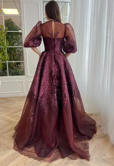 Soiree Outfit, Teuta Matoshi, Puff Sleeve Gown, Sleeve Gown, Brocade Dresses, Custom Size Dresses, Light Touch, Formal Gown, Brocade Fabric