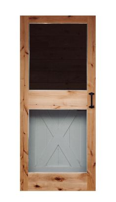 a wooden door with a black blind in it's side panel and the letter i