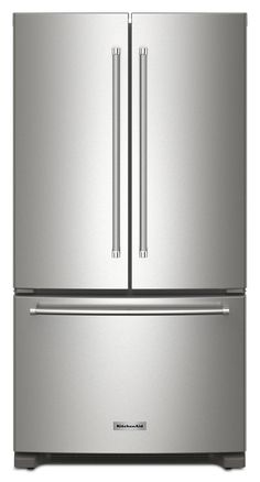 a stainless steel refrigerator freezer with two doors and three drawers on the bottom, in front of a white background