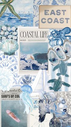 the collage is made up of many different things in it, including shells and seashells