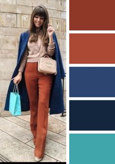 Contrast Colour Outfits, Rust Orange Outfits Color Combos, Blue Pants Outfit Fall, Copper Colored Pants Outfit, Purple And Orange Outfit Ideas, Rust Colored Outfits, Jewel Tone Outfits Casual, Burnt Orange Outfit Color Combos, Burnt Orange Pants Outfit