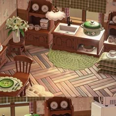 an aerial view of a kitchen and dining room in a dollhouse style house with furniture