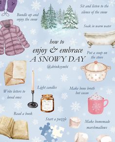 a poster with snow related items and words on it, including an image of a book