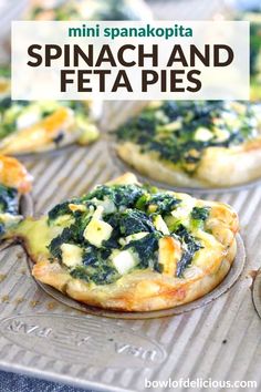 mini spinach and feta pies on a baking sheet with text overlay